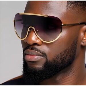 Men Shield Sunglasses Gold Frame Black Lens Cover‎ Face Protection Lentes Gafas